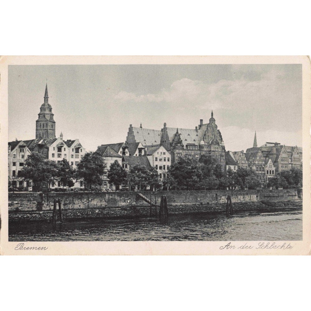 Bremen Germany An der Schlachte Weser River Promenade Vtg Postcard Skyline View